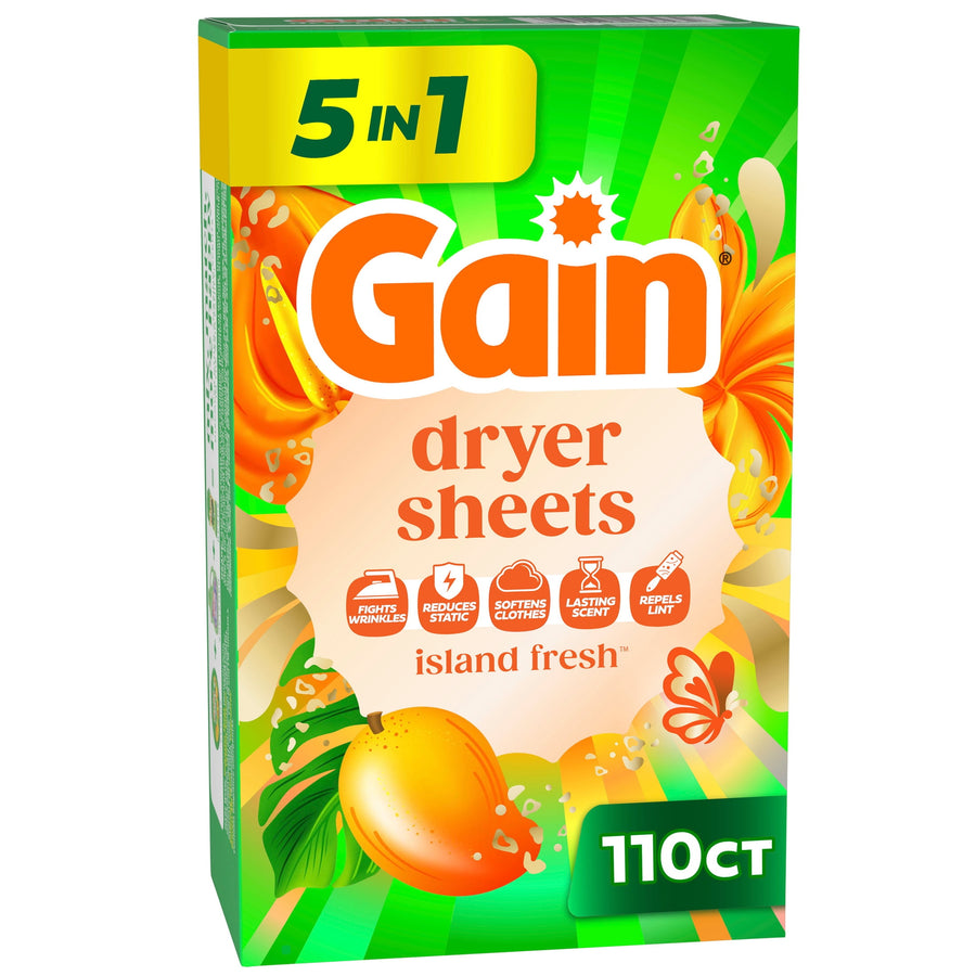 Gain Island Fresh dryer sheets box with bright green packaging, fruit and floral artwork and 110ct label