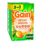 Gain Island Fresh dryer sheets box with bright green packaging and tropical fruit and flower artwork