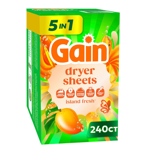 Gain Island Fresh dryer sheets box with bright green packaging and tropical fruit and flower artwork