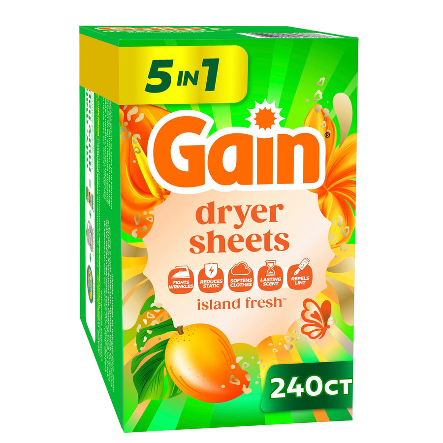 Gain Island Fresh dryer sheets box with bright green packaging and tropical fruit and flower artwork