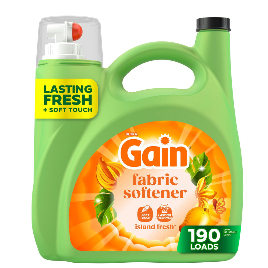 Green Gain fabric softener jug with orange island-fresh label and measuring cap on white background