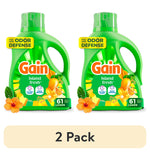 Two green Gain Island Fresh detergent bottles side by side with tropical flowers and '2 Pack' label