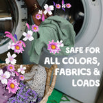 Hand pulling green fabric from a washing machine over a laundry basket with Gain floral graphics and text about safe for all colors