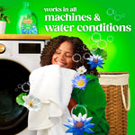 Lifestyle image of smiling person hugging fresh laundry with Gain detergent, washing machine and text about working in all machines