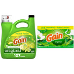 Green Gain mega-pack liquid laundry detergent bottle paired with a green box of Gain Original dryer sheets