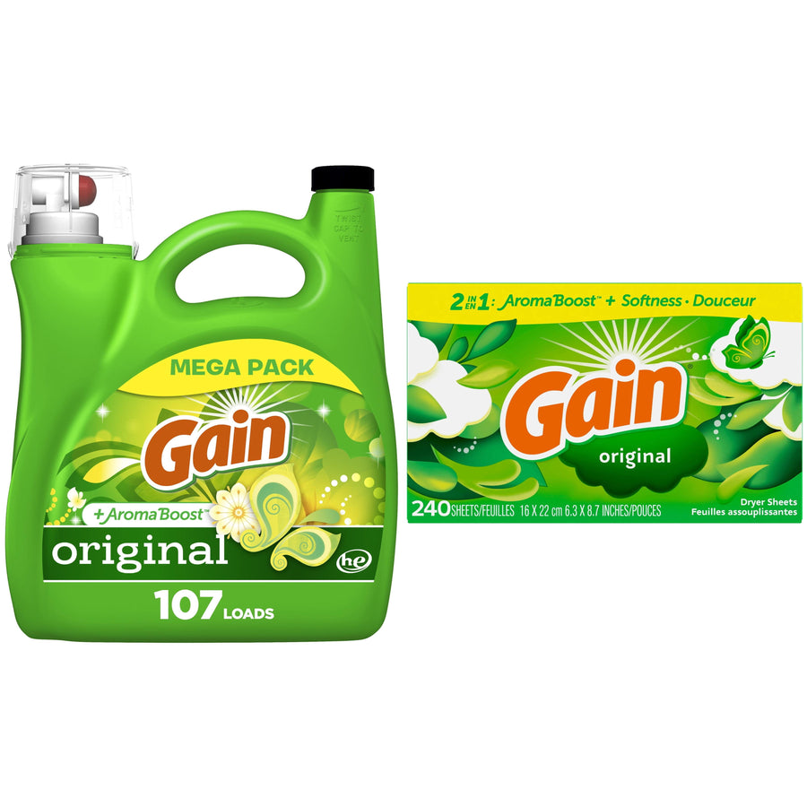 Green Gain mega-pack liquid laundry detergent bottle paired with a green box of Gain Original dryer sheets