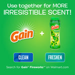 Green promotional graphic pairing the Gain logo with a Gain Fireworks scent bottle and text encouraging combined use for more scent