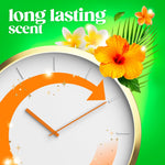 Graphic clock with floral accents and text 'long lasting scent' on bright green background