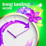 Graphic of a clock face with purple arrow and floral accents on a green background highlighting long lasting scent for Gain fabric softener