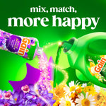 Graphic of Gain scent booster pouring purple beads next to a green detergent jug, with slogan 'mix, match, more happy'.