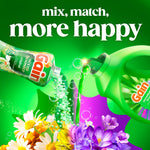 Promotional art showing a Gain scent booster bottle pouring beads toward a green detergent jug with colorful flowers and 'mix, match, more happy' text.