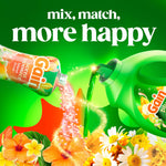 Promotional graphic of Gain scent booster beads pouring toward liquid detergent amid flowers with ‘mix, match, more happy’ text