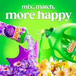 Colorful ad art showing Gain detergent and scent booster pouring together over a bed of flowers with 'mix, match, more happy' text.