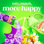 Two Gain product bottles pouring colorful scent beads and liquid over flowers with headline 'mix, match, more happy'