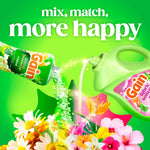 Bright promotional graphic showing Gain scent booster pouring and a fabric softener bottle pouring into a bed of flowers with mix and match text