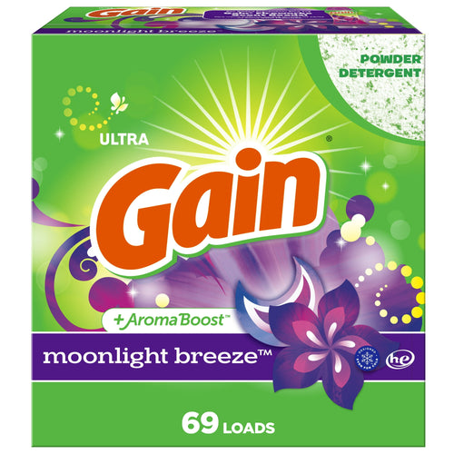 Front-facing Gain Moonlight Breeze powder detergent box with bright green background and purple floral artwork.