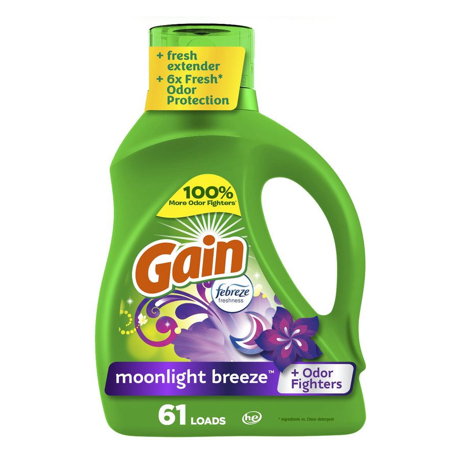 Green Gain Moonlight Breeze liquid detergent bottle showing brand logo, purple floral artwork and '61 loads' on a white background.