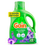 Green Gain liquid detergent bottle labeled Moonlight Breeze with floral graphics and "odor defense" badge