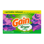 Studio shot of Gain dryer sheets Moonlight Breeze box with floral artwork and 'wrinkle release' banner