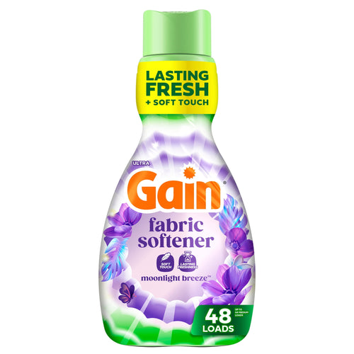 Gain Moonlight Breeze fabric softener bottle with purple floral graphics and green cap