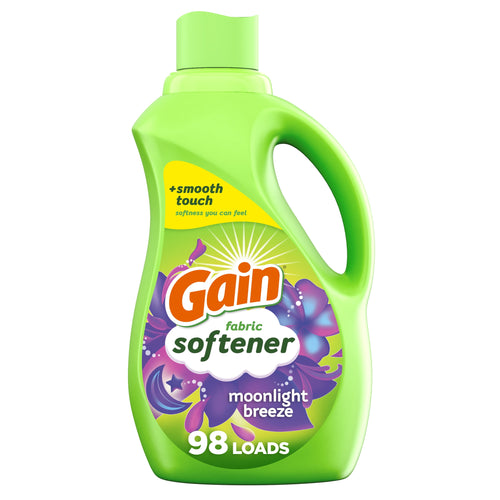 Green bottle of Gain fabric softener Moonlight Breeze with floral label and 98 loads callout on white background.