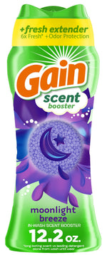 Tall green Gain scent booster bottle with moon and purple bead graphic labeled moonlight breeze, 12.2 oz branding visible