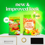 Promotional graphic showing old and new Gain Island Fresh dryer sheets packaging labeled ‘new & improved look’