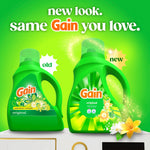 Promotional graphic showing old and new Gain detergent bottle designs with 'new look' headline on green background.