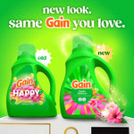 Promotional graphic showing old and new Gain detergent bottle designs with 'new look. same Gain you love.' text