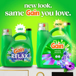 Promotional graphic showing old and new Gain detergent packaging with 'new look. same Gain you love.' headline