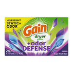 Centered Gain Odor Defense dryer sheets box on white background showing product name, purple petals and '240 sheets' text