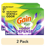 Two overlapping Gain Odor Defense dryer sheet boxes with green and purple floral graphics and '240 dryer sheets' callout