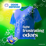 Graphic of a blue T-shirt with bubbles and 'Odor Defense' callout conveying odor-fighting performance