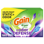 Single Gain dryer sheets box labeled '+odor DEFENSE' with green background and purple leaf graphics, 180 sheets callout