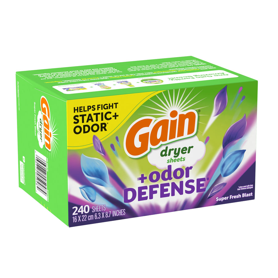Green Gain Odor Defense dryer sheets retail box with purple-blue leaf graphics and product name