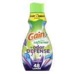 Front-facing bottle of Gain fabric softener Odor Defense Super Fresh Blast with bright green cap and colorful label