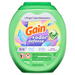 Green oval tub of Gain +odor defense laundry pacs with colorful label and product emblem