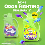 Comparison graphic showing old and new Gain Odor Defense bottles with text 'More Odor Fighting Ingredients' on green background