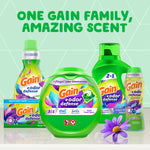 Product family display of Gain + odor defense items including bottle, pouch and pods with green background