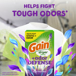 Promotional graphic of Gain Odor Defense dryer sheets with floating purple and blue petals and 'Helps fight tough odors' headline