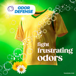 Artistic green ad showing a yellow shirt with bubbles and 'odor defense' callout and text 'fight frustrating odors'.