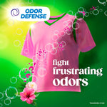 Graphic of a pink shirt with bubbles and 'Odor Defense' callout plus text 'fight frustrating odors'