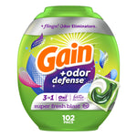 Green Gain +odor defense plastic tub with Super Fresh Blast branding and a single detergent pac shown on label