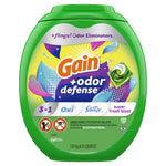 Green Gain +odor defense tub front view with colorful label artwork and a single detergent pac illustrated on the package