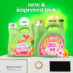 Comparison graphic showing old and new green Gain fabric softener bottles on a bright green background