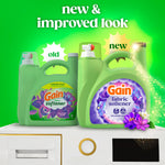 Comparison graphic showing old and new Gain fabric softener bottles on a bright green background with product labels visible