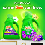 Promotional graphic showing old and new green Gain Moonlight Breeze detergent bottles with bright green background
