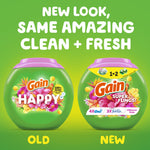 Side-by-side comparison graphic showing old and new green Gain Happy/Super Flings packaging under 'New Look, Same Amazing Clean + Fresh'.