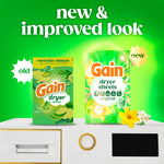 Comparison graphic showing old and new Gain dryer sheets packaging on a bright green background