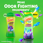 Graphic comparing old and new Gain +odor defense packaging with new Super Fresh Blast scent booster bottle on green background